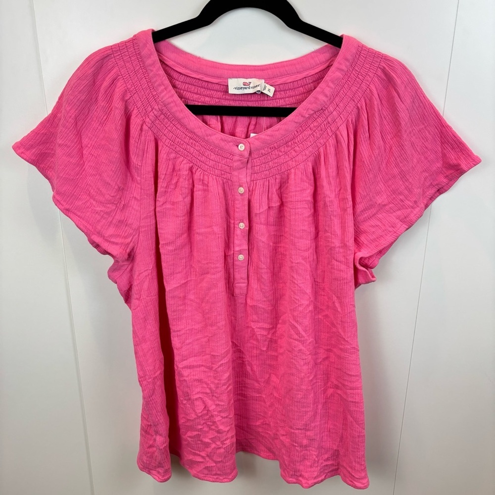 NWT Vineyard Vines XL Knockout Pink Gauze Flutter Sleeve Top Cotton Blouse